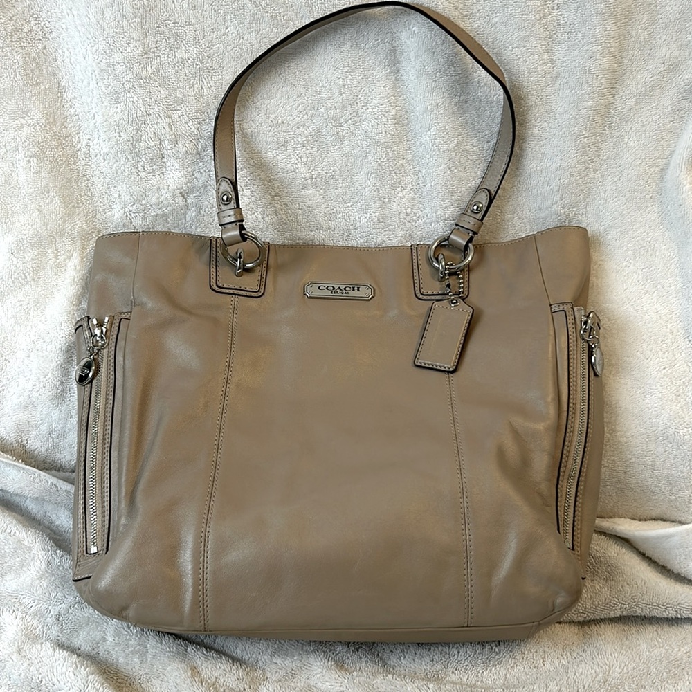 Leather tote bag, light tan, Coach